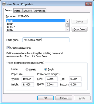 Forms tab of Windows Vista print server properties