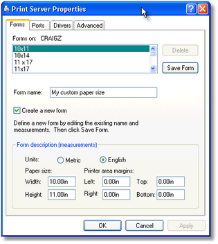Forms tab of Windows XP print server properties