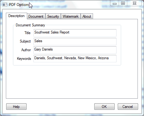 Win2PDF Pro document information window