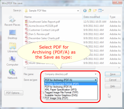 Win2PDF saves PDF/A as the file type