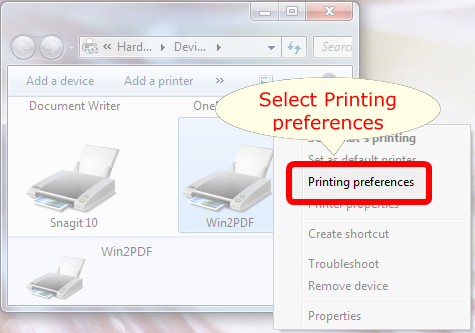 Printing preferences selection after right-clicking on Win2PDF icon