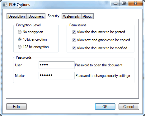 Win2PDF Pro security options window